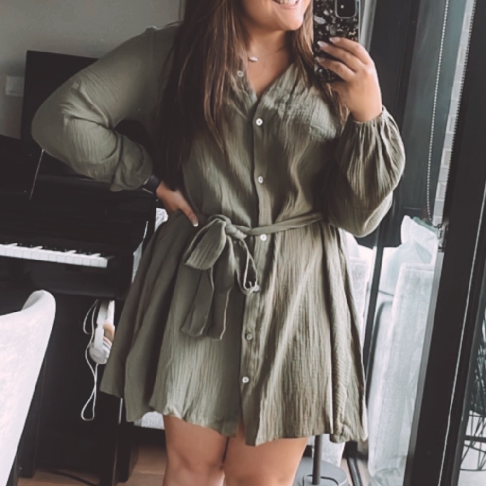 Green Button-Up Dress with Belt